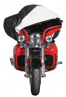 Defender Extreme Route 1 Half Cover on Red Motorcycle - front view with cover coming off